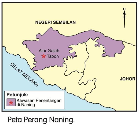 Peta Perang Naning dengan kawasan penentangan di Alor Gajah dan Taboh berwarna ungu