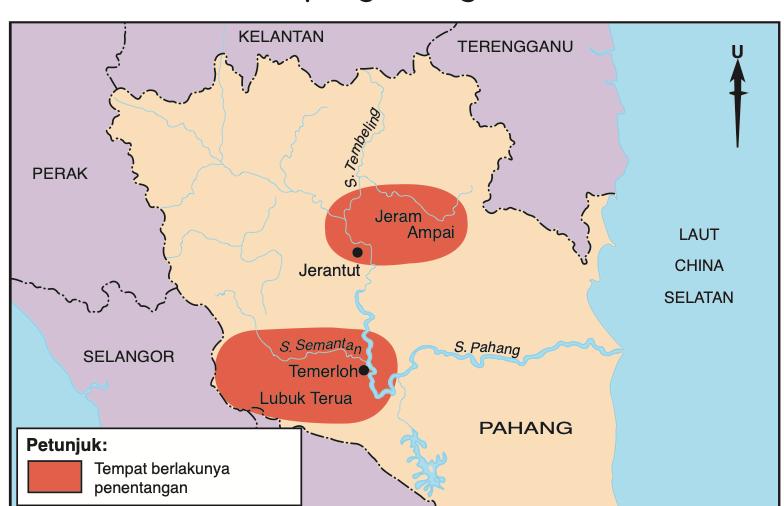 Peta Pahang dengan tempat penentangan Dato' Bahaman di Lubuk Terua, Temerloh, Jeram Ampai dan Jerantut