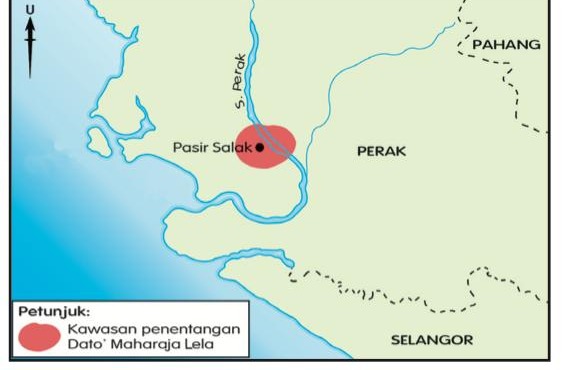Peta Perak dengan kawasan penentangan Dato' Maharaja Lela di Pasir Salak di tepi Sungai Perak