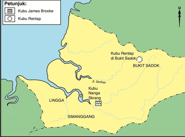 Peta lokasi kubu James Brooke di Nanga Skrang dan kubu Rentap di Bukit Sadok