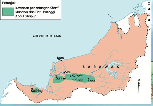 Peta Sarawak dengan kawasan penentangan Sharif Masahor dan Datu Patinggi Abdul Ghapur berwarna hijau di sepanjang Sungai Rajang