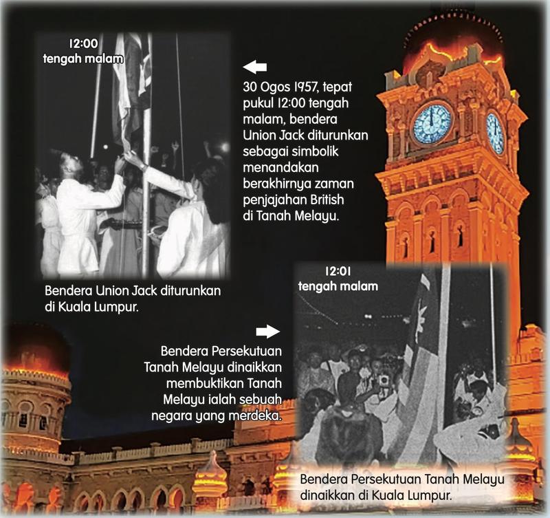 Gambar bendera Union Jack diturunkan pukul 12:00 tengah malam dan bendera Persekutuan Tanah Melayu dinaikkan pukul 12:01