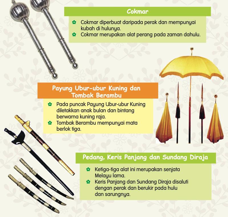Cokmar, payung ubur-ubur kuning, tombak berambu, pedang, keris panjang dan sundang diraja