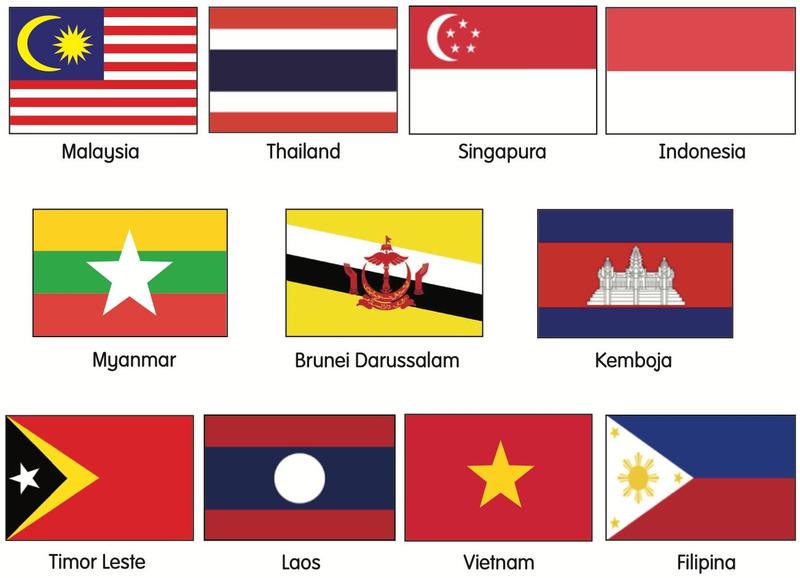 Bendera Malaysia, Thailand, Singapura, Indonesia, Myanmar, Brunei Darussalam, Kemboja, Timor Leste, Laos, Vietnam dan Filipina