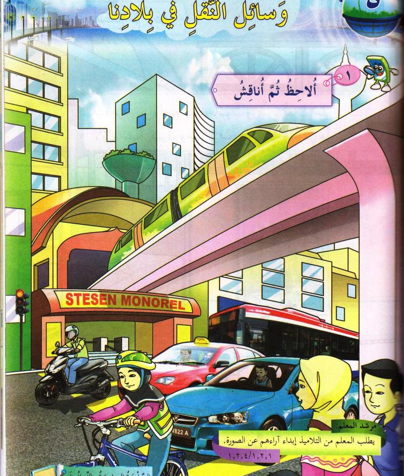 Bandar dengan monorel di atas jejantas, stesen monorel, bas, teksi, kereta, motosikal dan seorang murid menunggang basikal