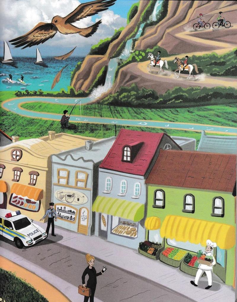 An illustration of a town street with shops, a police car and officer, a chef and a woman, below a hillside with a waterfall, a river, a bird, sailing boats, surfers, horse riders and cyclists