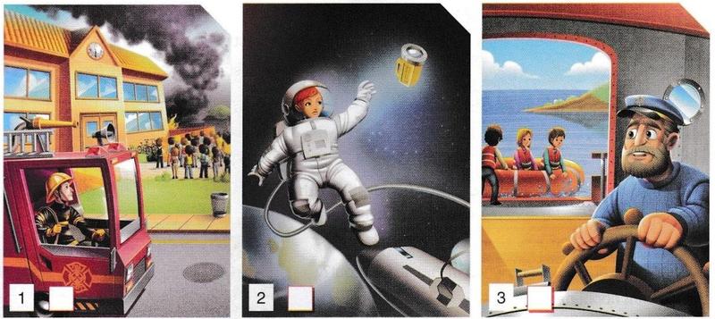 Three illustrations: a firefighter in a fire engine with a smoking school and a crowd of pupils, an astronaut floating in space reaching for a torch, and a boat captain at the wheel with children in life jackets on a lifeboat