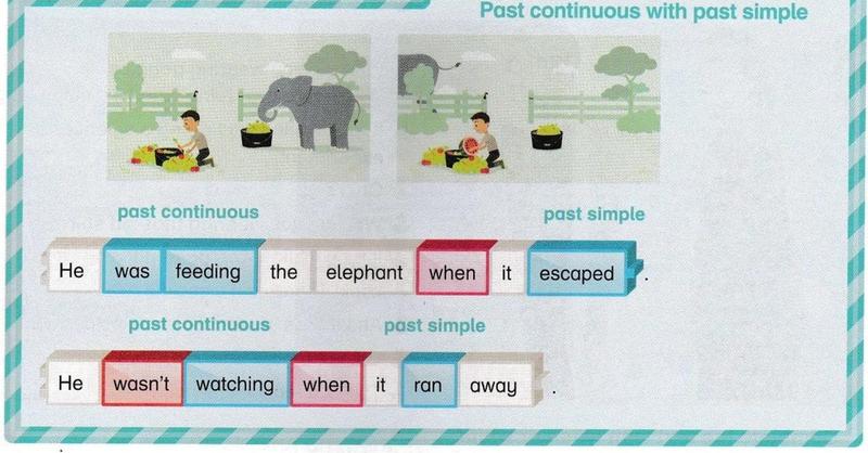 Two pictures of a man feeding fruit to an elephant, then the elephant gone, with two word-block sentences labelled past continuous and past simple