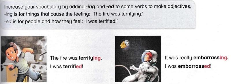 A rule box for -ing and -ed adjectives with two pictures: a boy running from a smoking pan and an astronaut floating in space