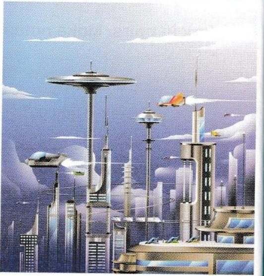 A tall futuristic city with towers, round platforms and small flying vehicles in a blue sky