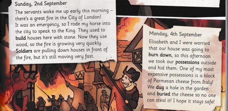 Two diary entries beside an illustration of a great fire in old London, with houses burning and men with long poles