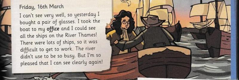 A diary entry beside an illustration of a man with round glasses in a rowing boat among tall sailing ships