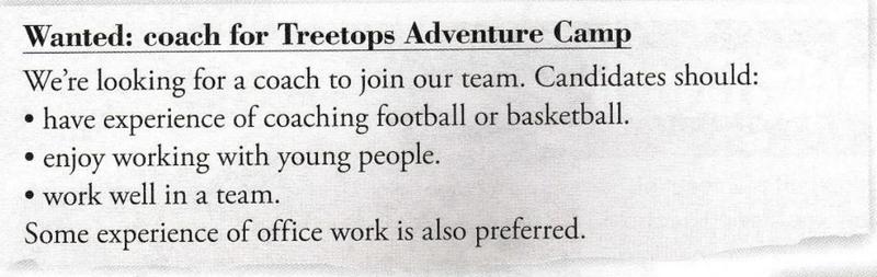 A newspaper advert: Wanted, coach for Treetops Adventure Camp, with four bullet points about experience