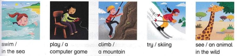 Five small cartoon pictures: a girl swimming in the sea, a girl playing a computer game, a boy climbing a mountain, a girl skiing and a giraffe