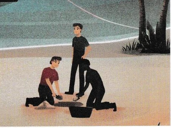 Three men kneeling and standing on a beach near the water, two of them using small tools in the sand