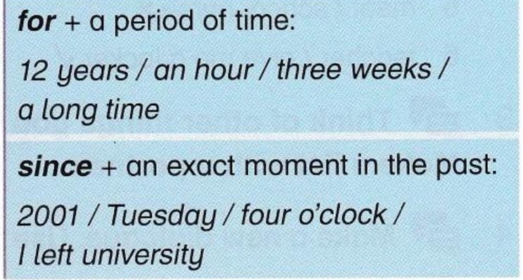 Look box: for plus a period of time, since plus an exact moment in the past, with examples