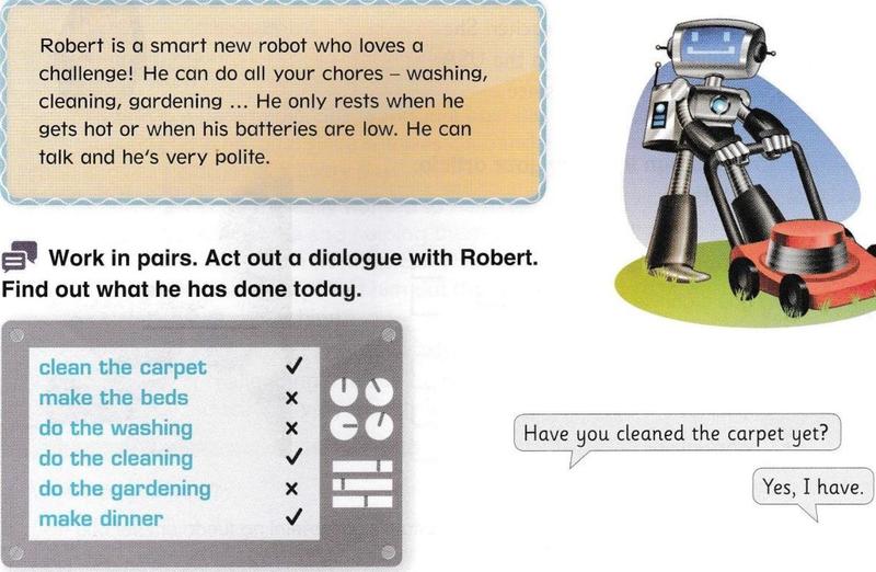 A robot with a lawnmower, a short text about Robert and his list of chores with ticks and crosses