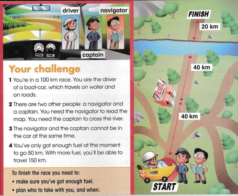 The challenge text on the left and a map on the right showing the start, a fuel point, a river and the finish, with distances of 40 km, 40 km and 20 km