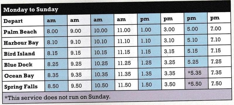 Ferry timetable from Palm Beach to Spring Falls with eight departures