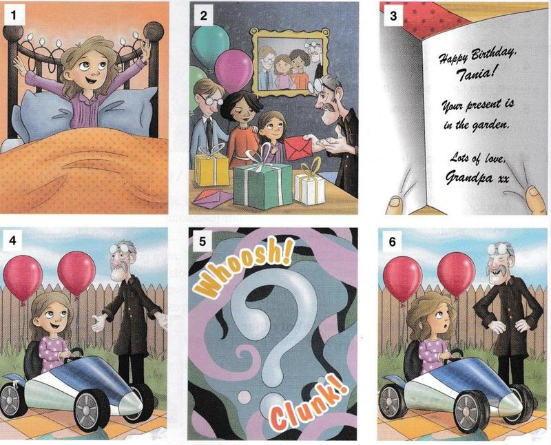 Six cartoon pictures: a girl waking in bed, a birthday party with presents, a birthday card, the girl in a small blue car in a garden with an old man, a swirling picture with a question mark, and the girl in the car looking surprised