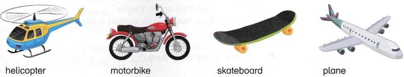 A helicopter, a motorbike, a skateboard and a plane