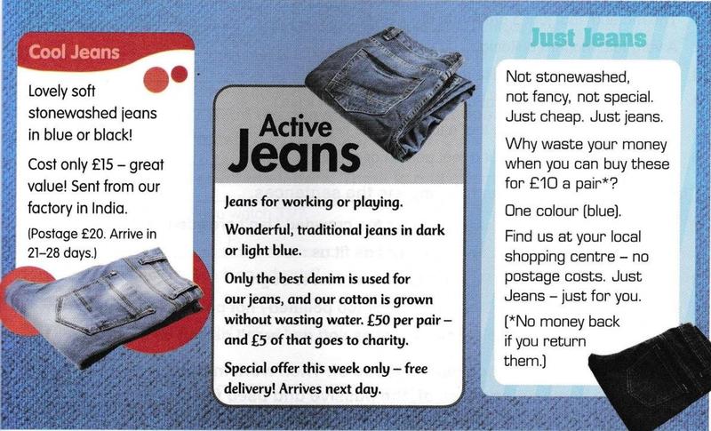 Three adverts for jeans, Cool Jeans, Active Jeans and Just Jeans, each with a short text and a picture of folded jeans