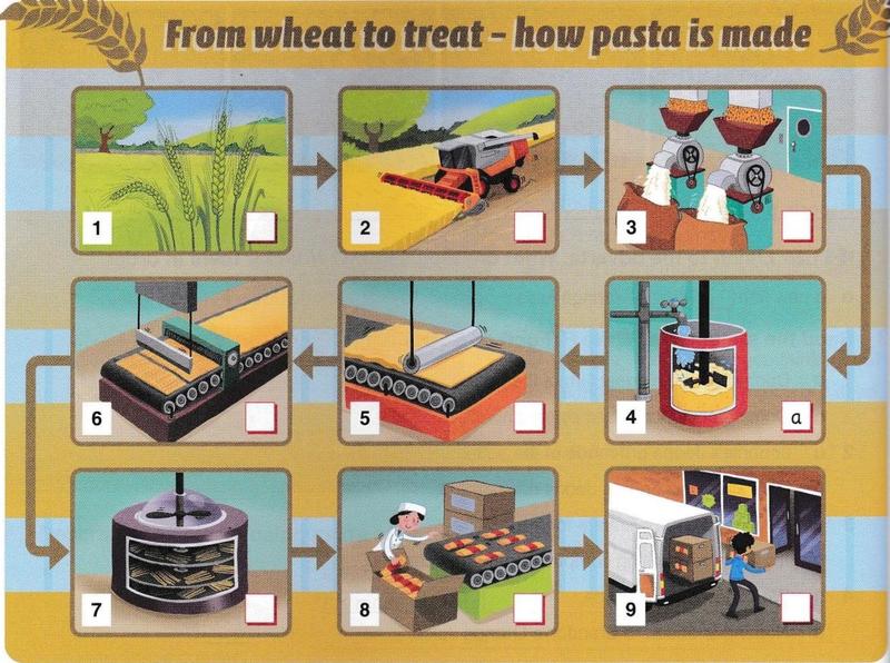 Nine-picture infographic titled From wheat to treat, how pasta is made, with numbered boxes: wheat growing, a harvester, a mill, a mixing tank, a roller, a cutter, a dryer, packing and a delivery van