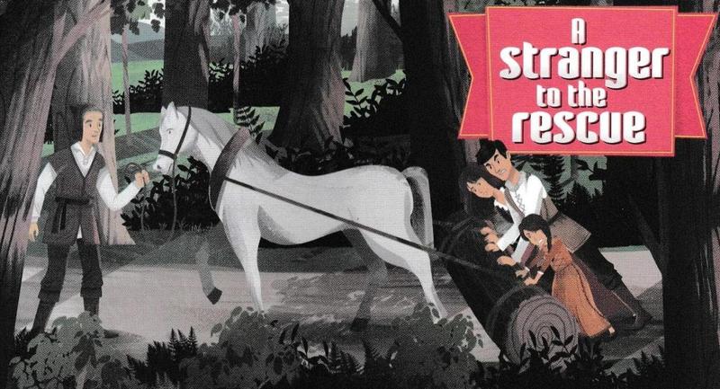 An illustration of a forest path where a family pushes a fallen tree while a man leads a white horse tied to it