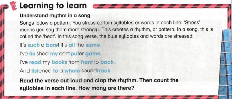 The Learning to learn box about rhythm, with a four-line song verse in which some stressed syllables are printed in blue
