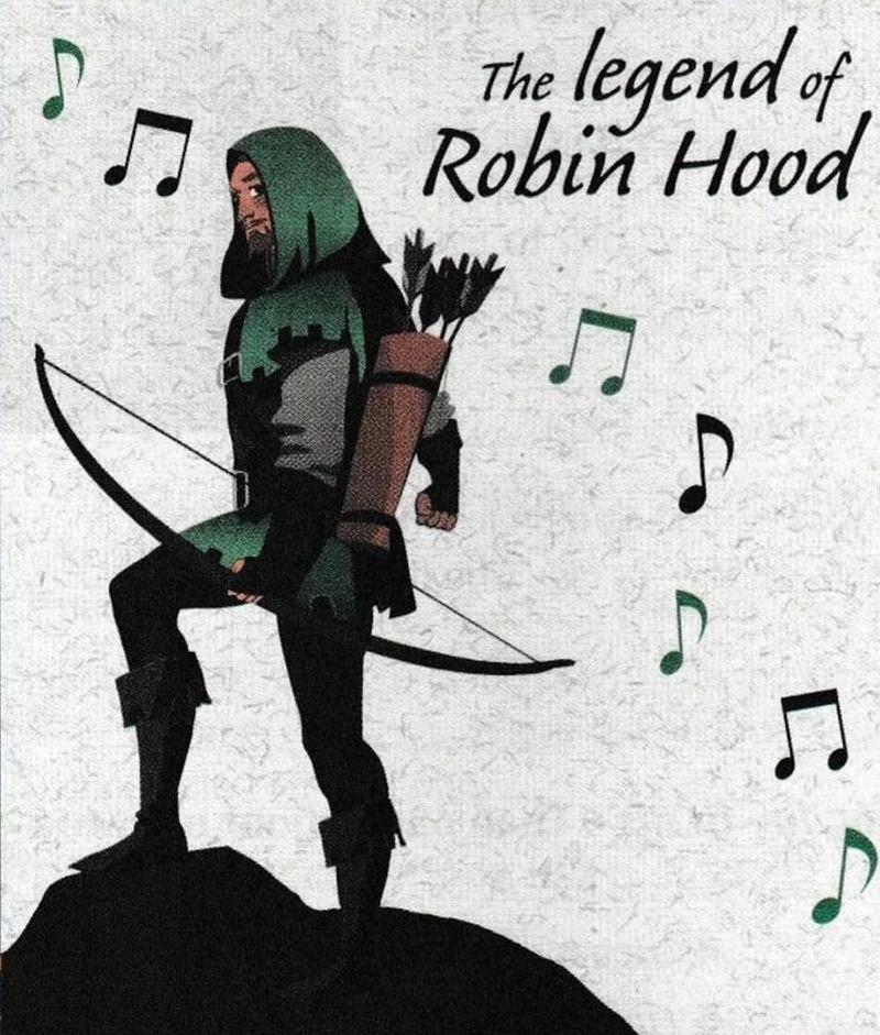 An illustration of Robin Hood in a green hood standing on a hill with a bow, surrounded by musical notes