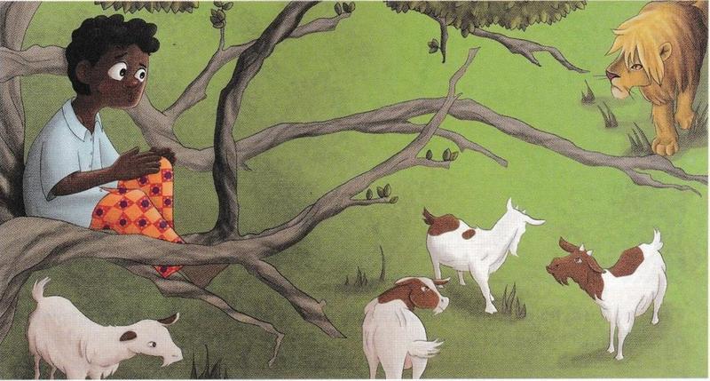 A boy sits in a tree with worried eyes, three goats stand below and a lion walks in from the corner of the picture