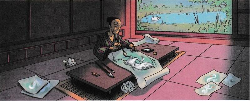 A painter kneels at a low table in a palace room and paints a white swan on a long sheet of paper, with drawings of swans on the floor and a lake with a swan outside the window