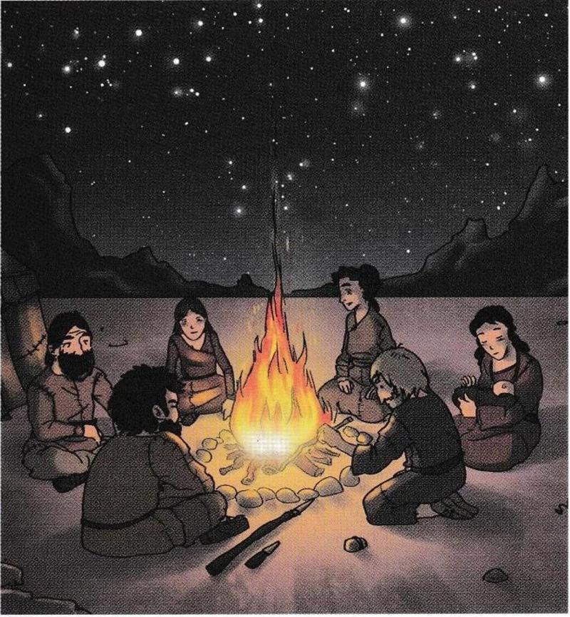Illustration of people sitting around a camp fire under a starry sky