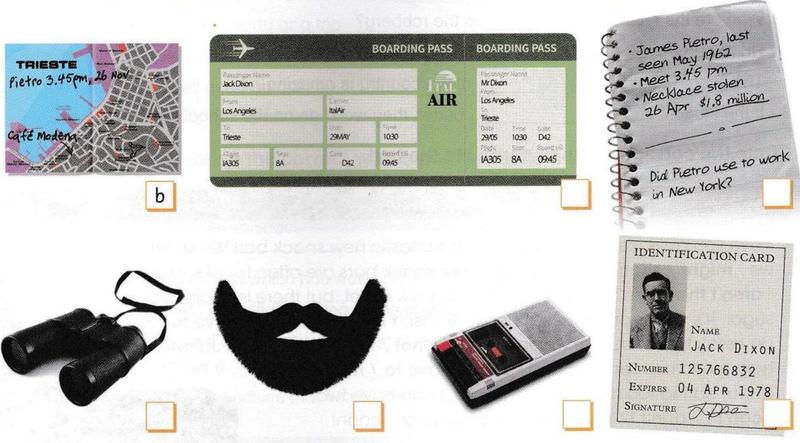 Objects from a bag: a street map, a boarding pass, a notebook page, binoculars, a false beard, a cassette recorder and an identification card