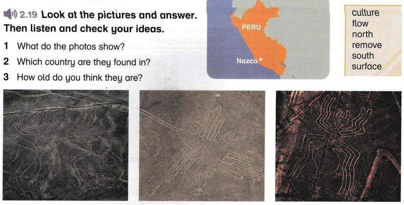 A map of Peru with the town of Nazca marked, a word panel, and three aerial photos of huge line drawings in desert ground