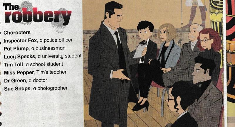 The title The robbery with a list of seven characters and an illustration of a detective in a long coat standing in front of a row of seated suspects in a museum room