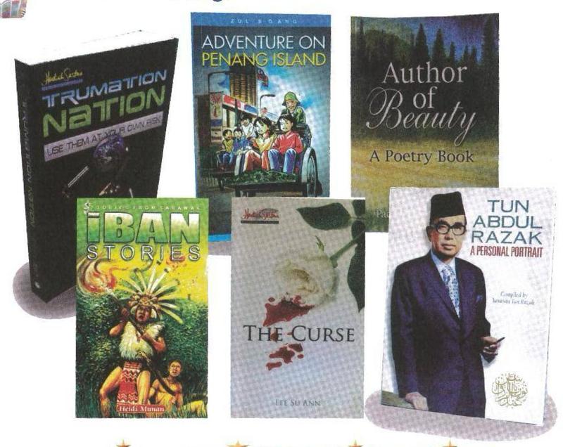 Six book covers: Trumation Nation, Adventure on Penang Island, Author of Beauty a poetry book, Iban Stories, The Curse, Tun Abdul Razak a personal portrait