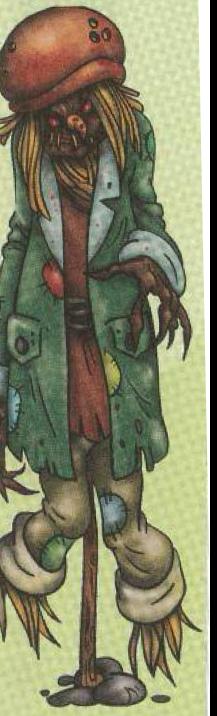 A scary scarecrow with a red cap, long straw hair, a torn green coat and long arms, standing on a pole