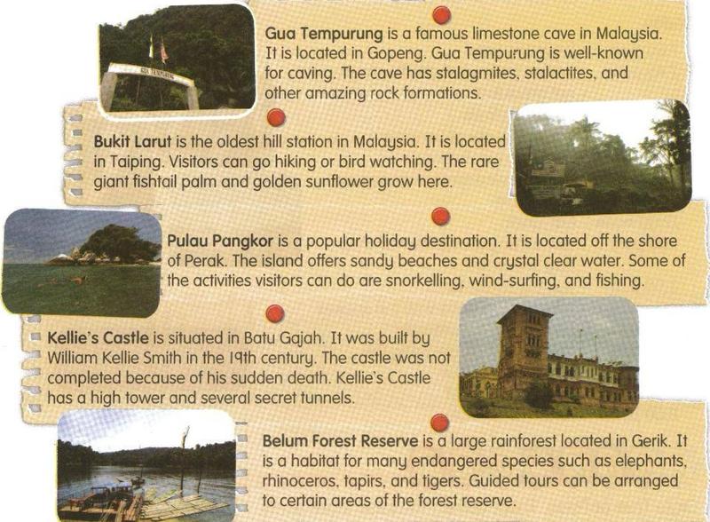 The Perak Attractions brochure with five short paragraphs and photos: Gua Tempurung, Bukit Larut, Pulau Pangkor, Kellie's Castle and Belum Forest Reserve