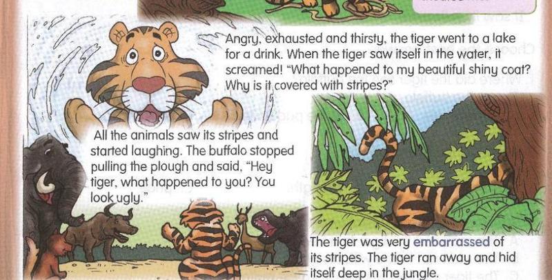 The tiger screams at its reflection in the lake, the animals laugh and the tiger runs into the jungle