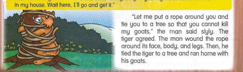 The tiger is wrapped in rope and tied to a tree while the man speaks