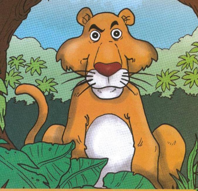 A cartoon big cat with orange fur and a white chest sitting among jungle leaves