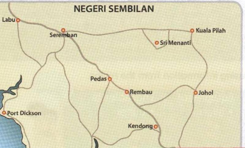 Sketch map of Negeri Sembilan showing Labu, Seremban, Kuala Pilah, Sri Menanti, Pedas, Rembau, Johol, Kendong, Port Dickson and Pasir Panjang joined by roads