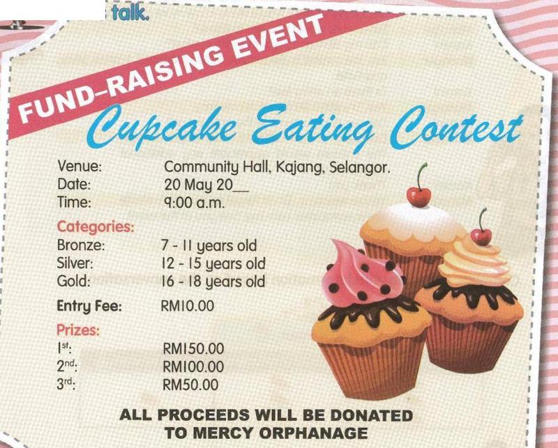 Poster for a fund-raising cupcake eating contest with venue, date, time, three age categories, entry fee and prizes