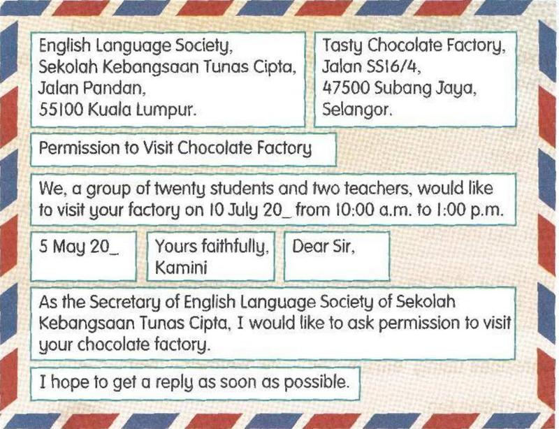 Jumbled boxes of a formal letter from the English Language Society to Tasty Chocolate Factory asking permission to visit