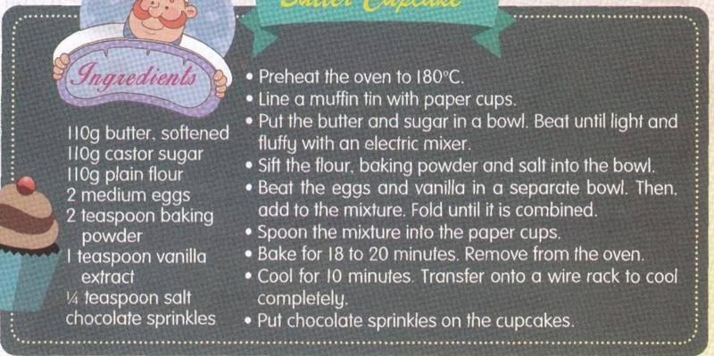 Recipe for butter cupcakes with a list of ingredients on the left and steps on the right