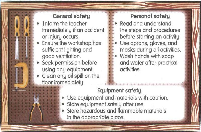 Notice board with three boxes: general safety, personal safety and equipment safety rules for the Living Skills workshop
