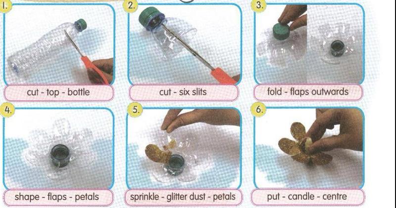 Six photos of making a candle stand from a plastic bottle. 1 cut the top of the bottle, 2 cut six slits, 3 fold the flaps outwards, 4 shape the flaps into petals, 5 sprinkle glitter dust on the petals, 6 put the candle in the centre.