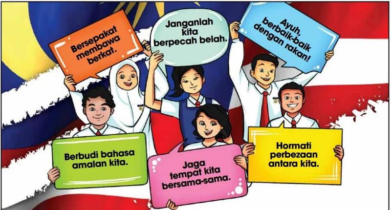 Murid-murid memegang enam poster kata-kata perpaduan dengan latar bendera Malaysia