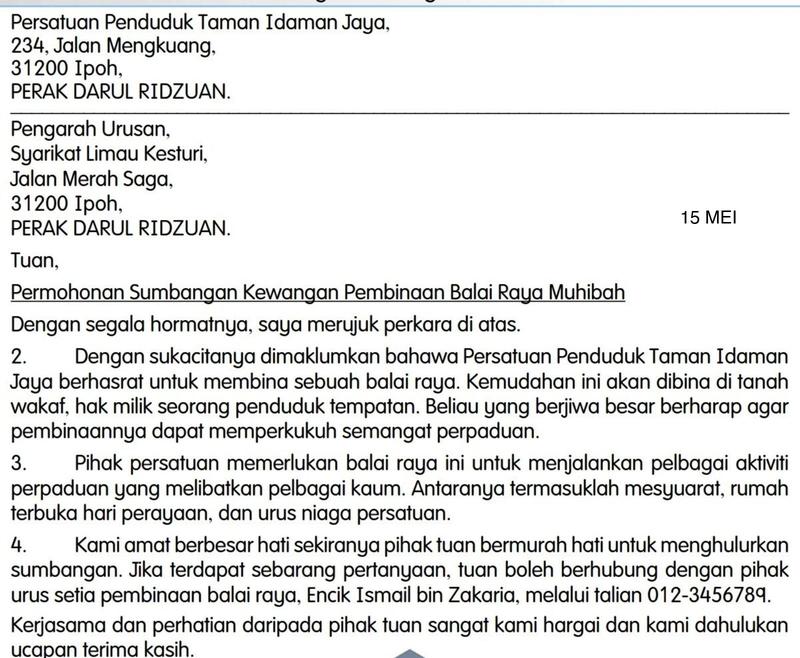 Surat rasmi Persatuan Penduduk Taman Idaman Jaya kepada Pengarah Urusan Syarikat Limau Kesturi